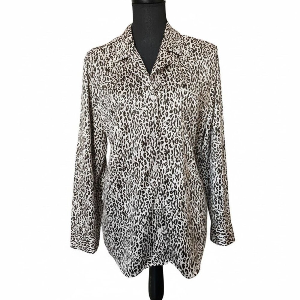 Apt. 9 Silky Leopard Print Button Up Top - Collared Satin‎ Pajama Blouse - L